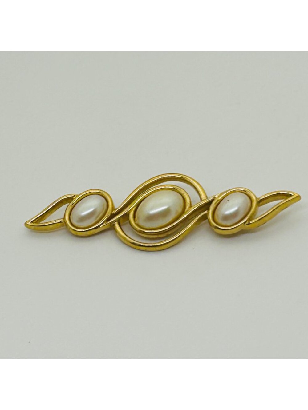 Monet Gold Tone Faux Pearl Cabochon Scroll Bar Brooch Pin Signed Vintage